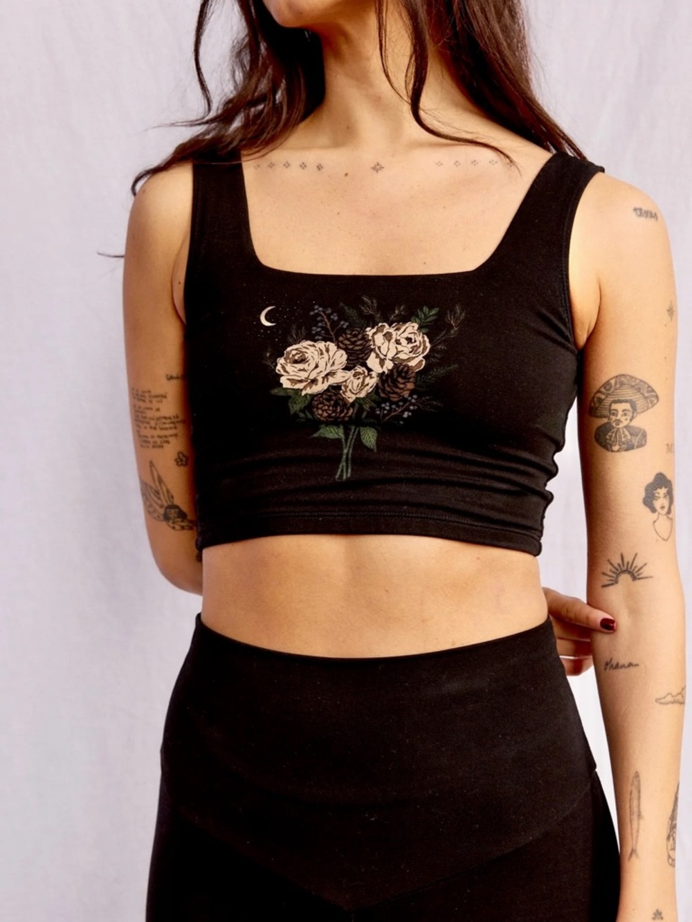 Purusha People Rose Winter Bouquet Black Floral Square-Neck Crop Top Size Medium